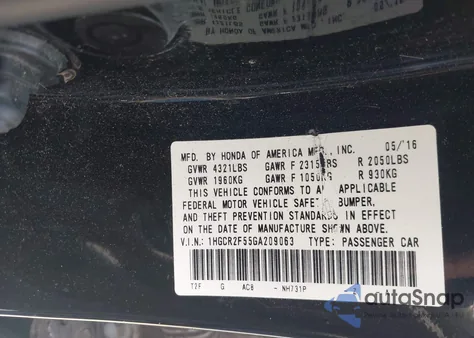 2016 Honda Accord Sport from USA, damaged, VIN 1HGCR2F55GA209063